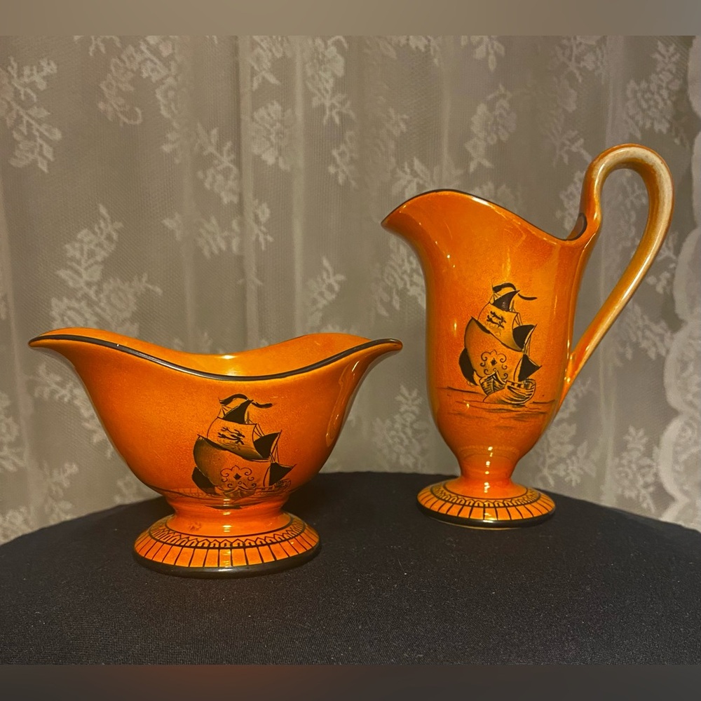 Rare Antique Coronet Art Pottery Cream & Sugar; Orange Lustre/Black Ship;England